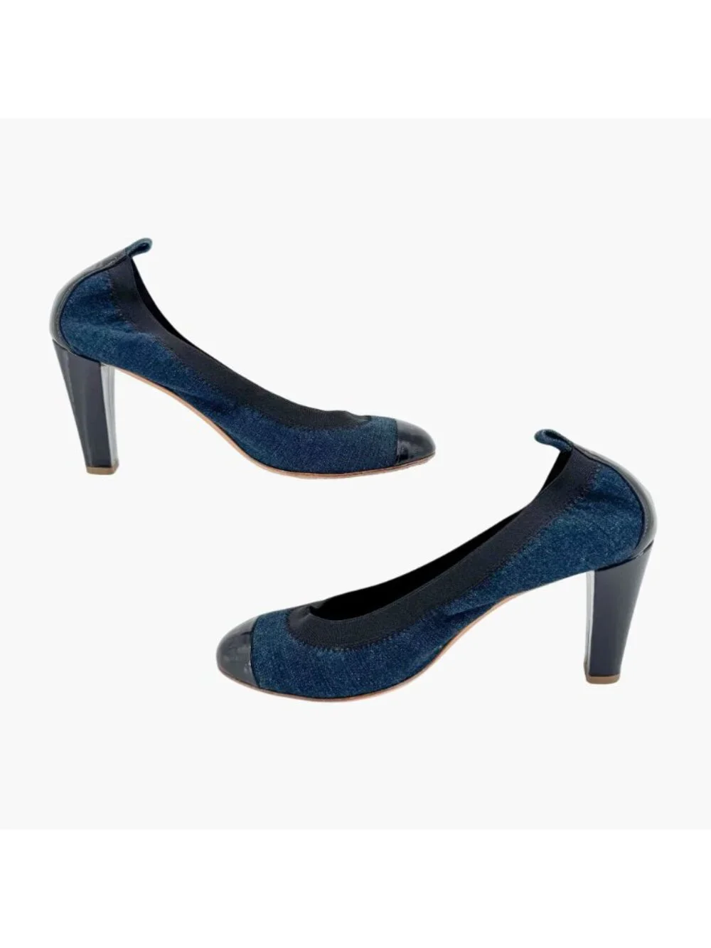 Chanel Elastic CC Logo Blue Denim Pumps High Heels Size 39 US 8-8.5 Women